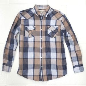 Coastal pearl snap shirt men's medium tan blue white plaid cotton long sleeve